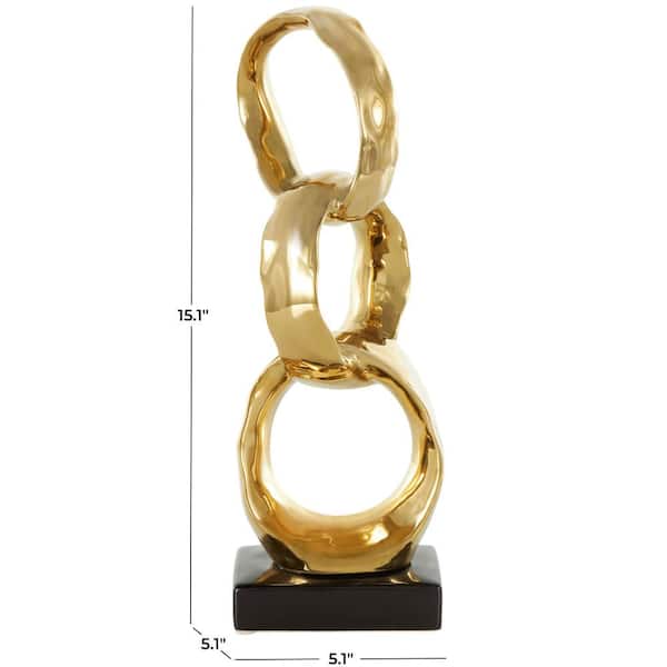 Litton Lane Gold Ceramic Interlocked Rings Abstract Sculpture with Black Base