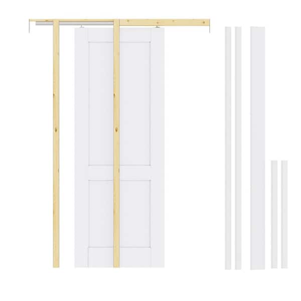 28 in. x 80 in. White Primed 2-Lite Solid Core Wood Sliding Pocket Door with Pocket Door Frame, Jamb and Hardware Kit