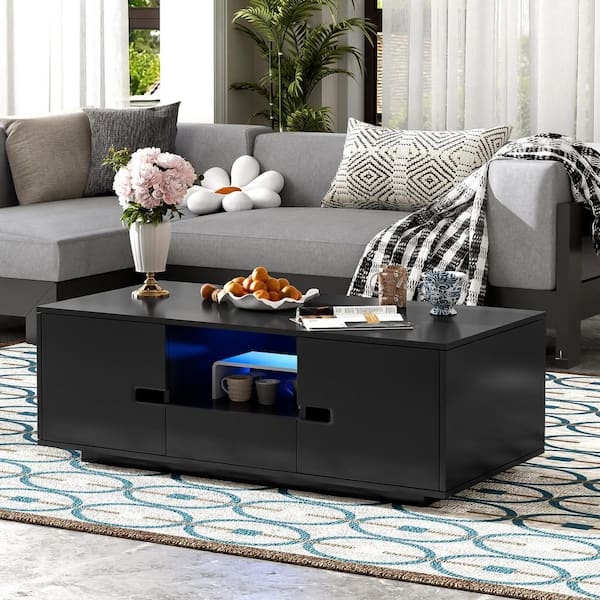 Modern High Glossy 47.2 in. Black Rectangle Wood Coffee Table with Storage Space, 16 Color LED Lights
