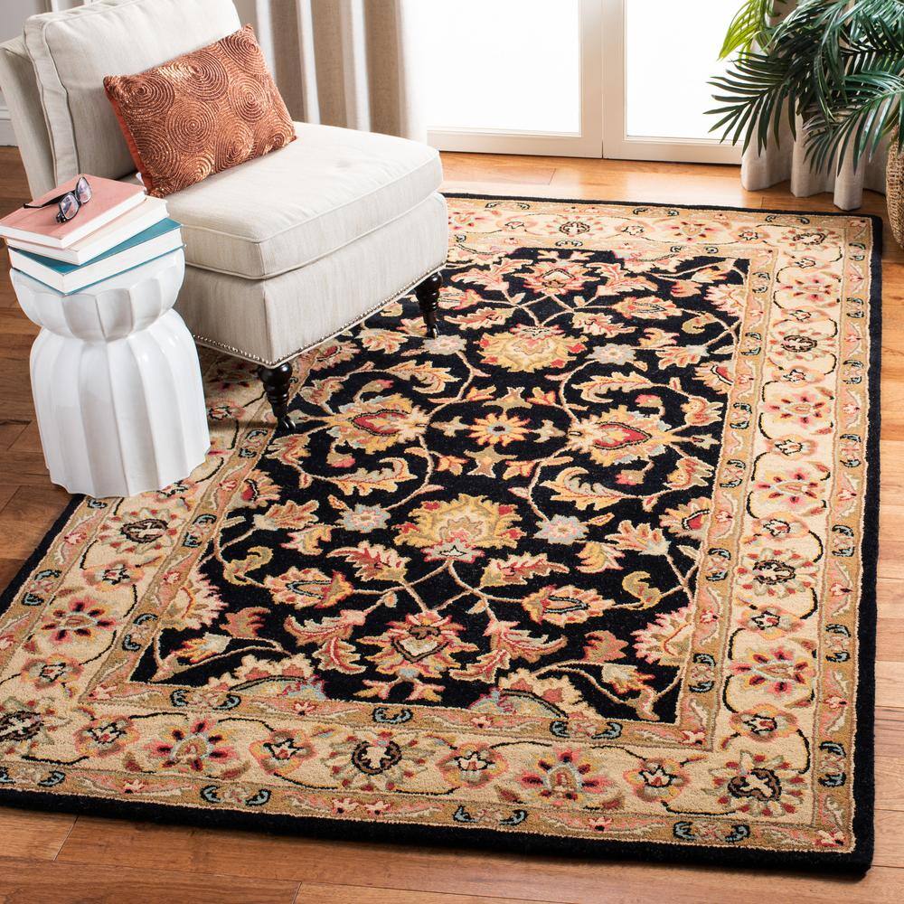 Handmade Black Floral Wool Rectangular Rug 27" x 4"
