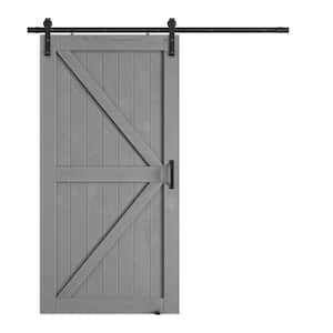 42 in. x 84 in. Grey Wood K-Shaped Natural Solid Finished Interior Sliding Barn Door with Hardware Kit