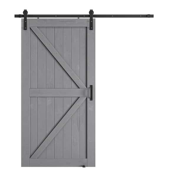 SOCBAZZAR 42 in. x 84 in. Grey Wood K-Shaped Natural Solid Finished Interior Sliding Barn Door with Hardware Kit