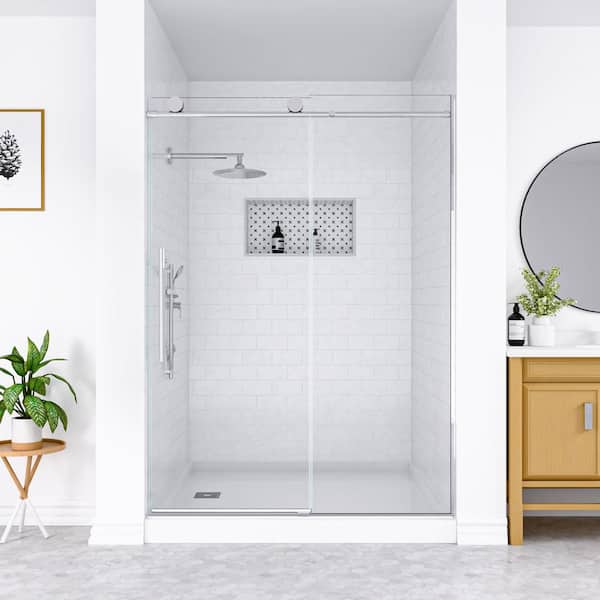 mortix 48 in. W x 74 in. H Sliding Frameless Shower Door in Chrome with Soft Close System, 5/16 in. Clear SGCC Tempered Glass