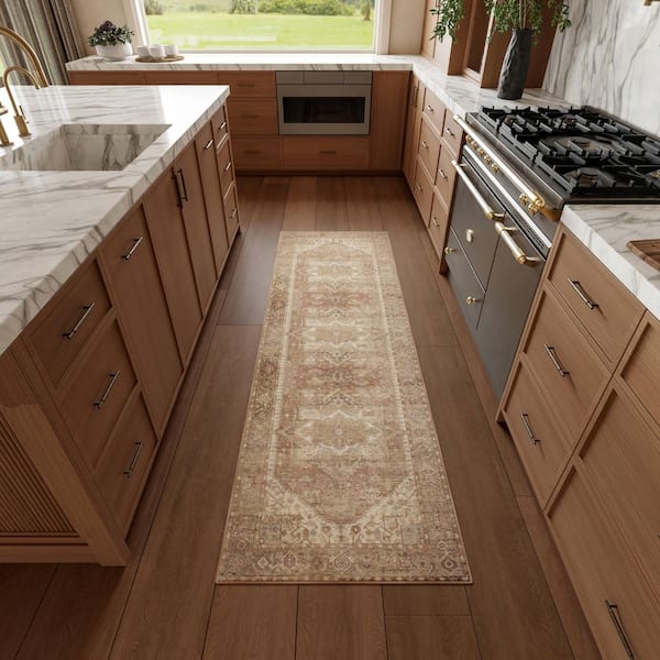 Vintage Washables Gold 2 ft. x 6 ft. Center Medallion Traditional Runner Area Rug