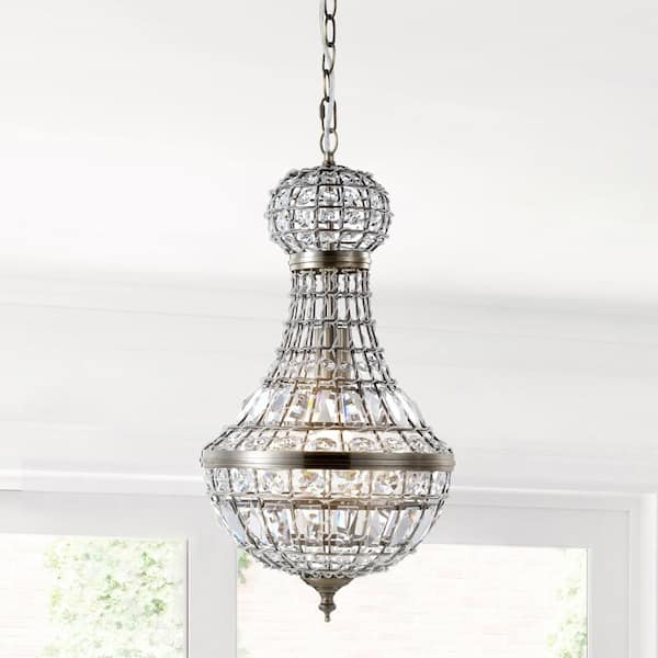 JONATHAN Y Regina 10 in. 1-Light Antique Brass Crystal/Metal Empire LED Pendant