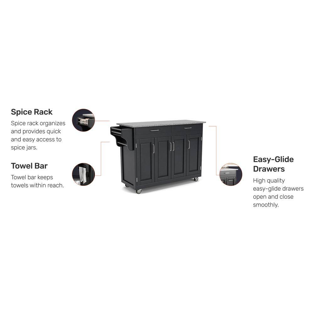 Black Granite Top Kitchen Cart with Storage and Spice Rack