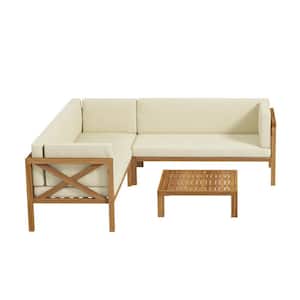 Ranieri 4-Pieces Solid Wood Patio Conversation Seating 5-Person Group with Beige Cushions