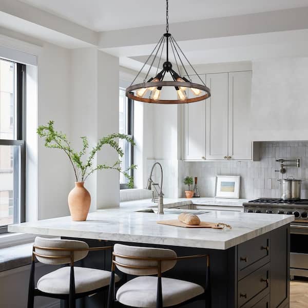 6-Light Black and Wood Grain Circle Wagon Wheel Chandelier Sputnik Linear Chandelier Lighting for Kitchen Island