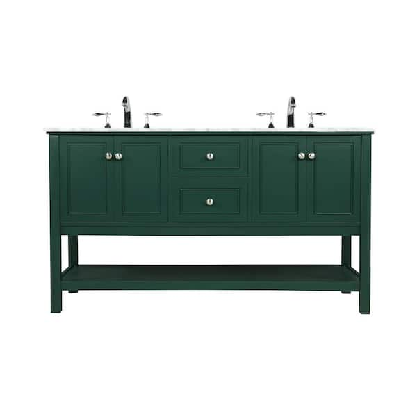 Timeless Home 60 in. W Double Bath Vanity in Green with Marble Vanity ...