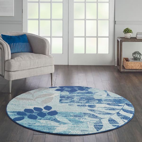 Tranquil Navy/Light Blue 5 ft. x 5 ft. Floral Contemporary Round Area Rug