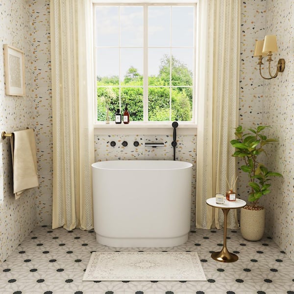 39 in. x 22 in. Freestanding Stone Resin Solid Surface Japanese Soaking Bathtub in Matte White with Seat