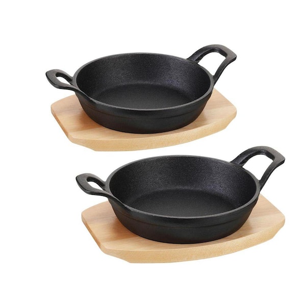 2-Piece Black Cast Iron Heavy Duty Mini Skillets with Wooden Base Induction Compatible Fajita Steak Pan