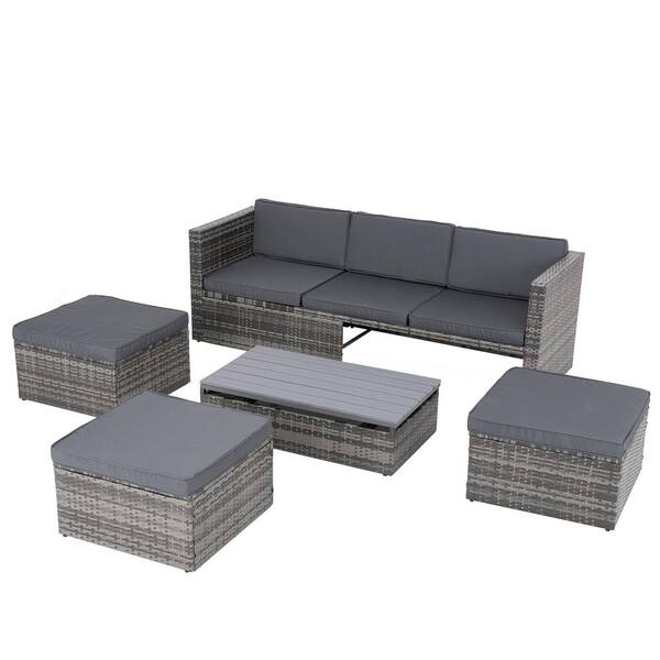 Unbranded 5 Piece Wicker Outdoor Furniture Sofa Set Patio Sofa Set Sectional Sofa Lift Coffee Table with Cushions Gray