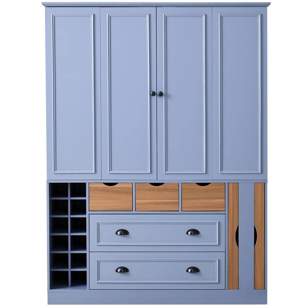 53.2 in. W x 17.7 in. D x 71 in. H Gray Linen Cabinet with 4 Foldable Doors,Power Outlet, Wine Racks and Serving Trays
