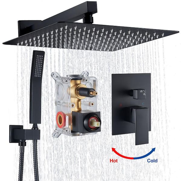 Zalerock Rainfull Single-Handle 1-Spray Square Shower Faucet with 12 in. shower head in Matte Black Valve Included