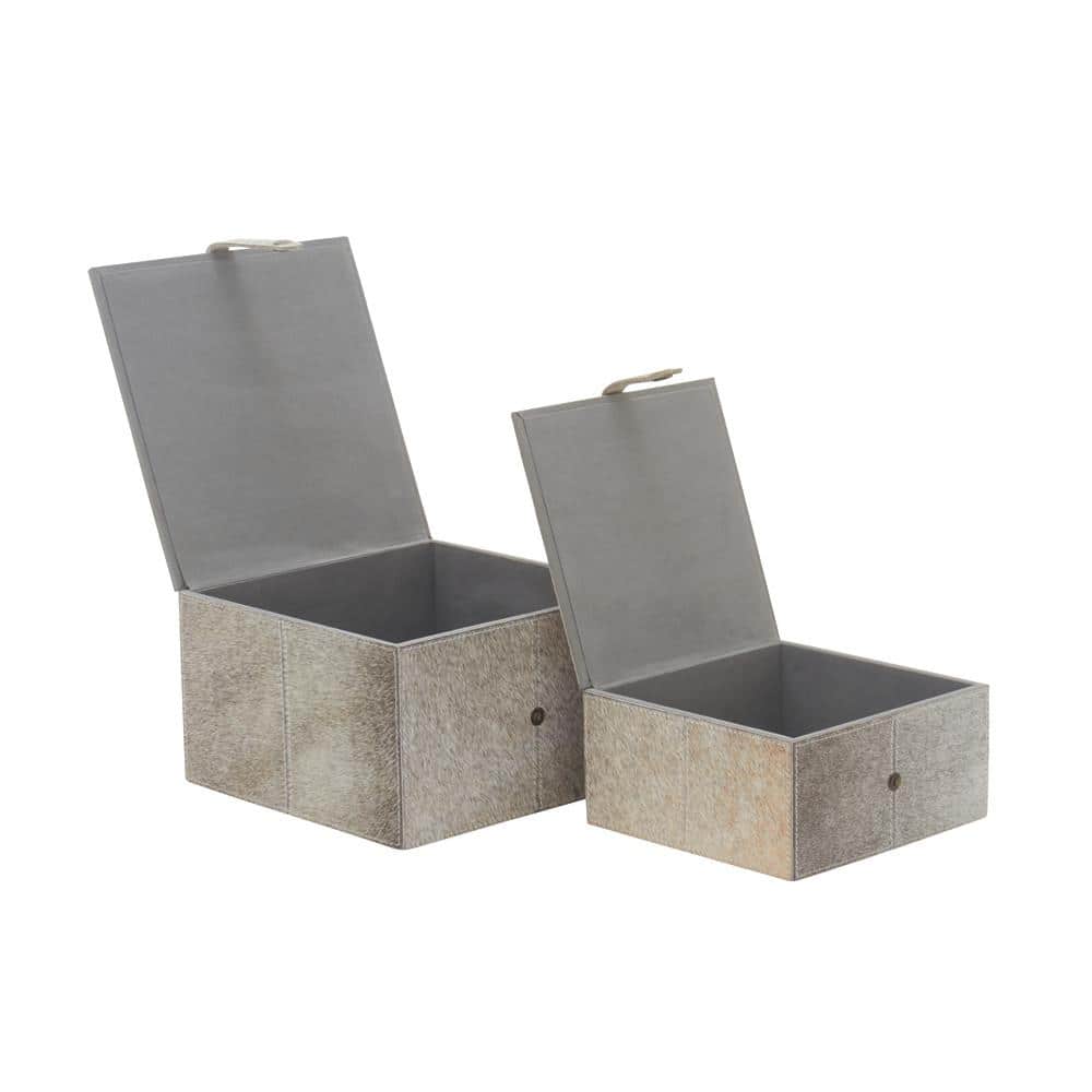 Gray Leather Hide Lidded Storage Boxes with Dividers