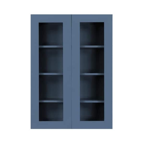 LIFEART CABINETRY Lancaster Blue Plywood Shaker Stock Assembled Wall Glass-Door Kitchen Cabinet 30 in. W x 12 in. D x 42 in. H