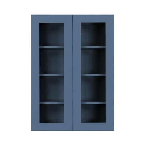 LIFEART CABINETRY Lancaster Blue Plywood Shaker Stock Assembled Wall Glass-Door Kitchen Cabinet 36 in. W x 12 in. D x 42 in. H