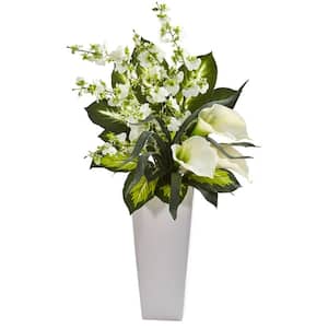 29 in. Indoor Calla Lily and Orchid Artificial Arrangement in White Vase