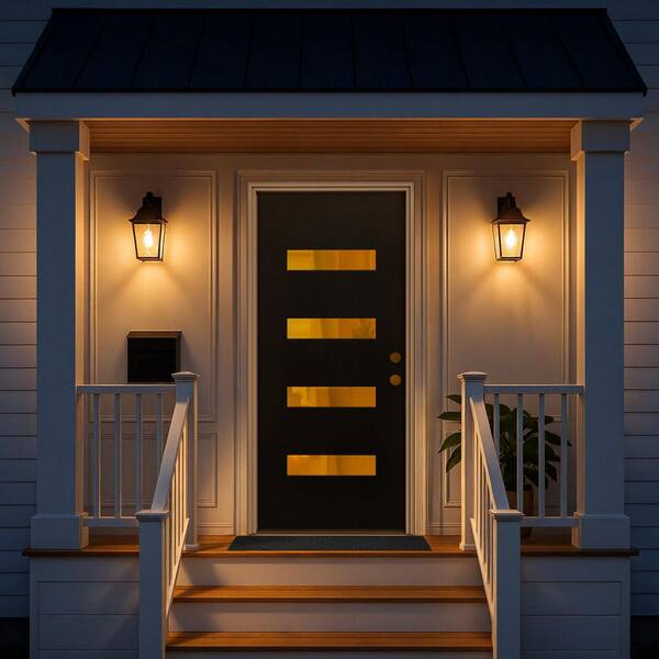 36 in. x 80 in. Left-Hand 4-Lite Flush Frosted Glass Black Fiberglass Front Door Slab with Frame, Hinges, Threshold