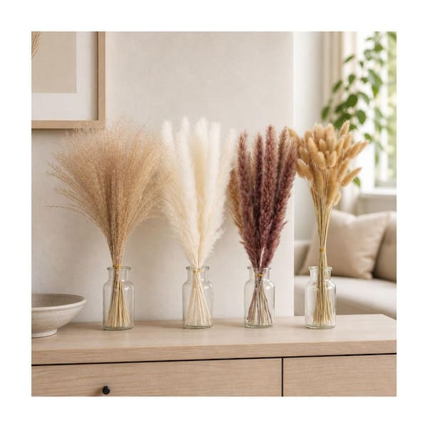 2 in. Natural Dried Flower Set 100-Pieces Beige Artificial Plant Pampas Grass Bunny Tails Reed Grass Home Decor 59D0228AI27