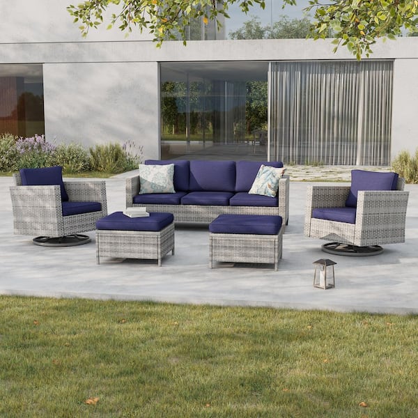 5-Piece Patio Conversation Set Gray Wicker with Swivel Rocking Chair and Navy Blue Thickening Cushions