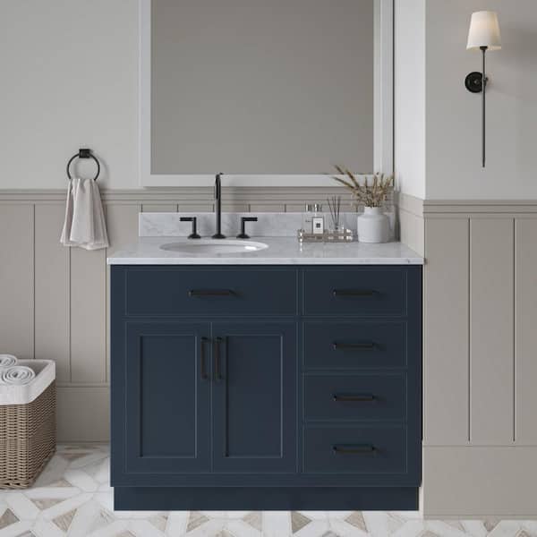 ARIEL Hepburn 42 in. Single Sink Freestanding Bathroom Vanity in Midnight Blue with 0.75 in. Carrara White Marble Top