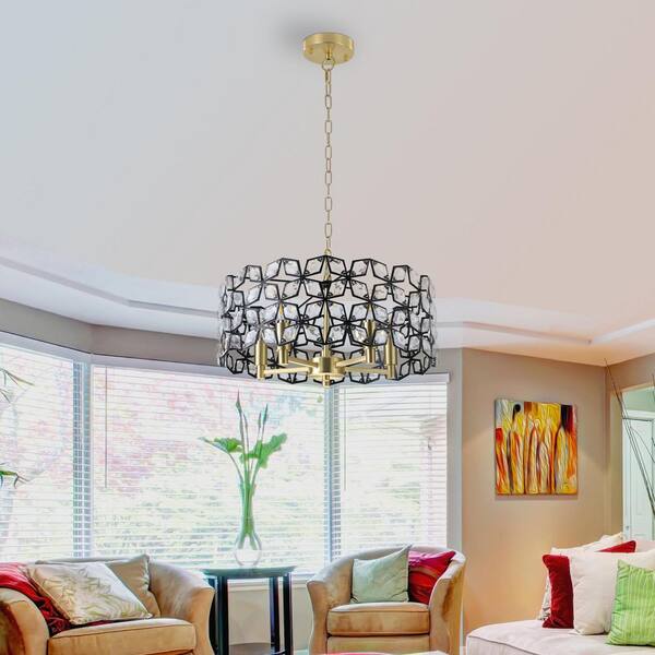 Byteany 5-Light Gold Finish Geometric Black Crystal Chandelier for