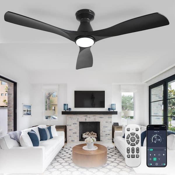 52 in. Black 3 Blade Flush Mount Low Profile Ceiling Fan with Lights Indoor Outdoor Dimmable 3 CCT Included Remote APP