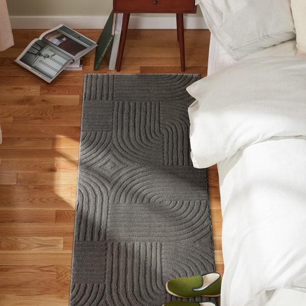 2 ft. x 7 ft. Charcoal Grey Stone Geo Curve Washable Indoor Runner Rug