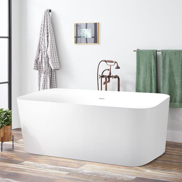 Mokleba 59 in. x 29 in. Acrylic Flat Bottom Rectangular Soaking Not Whirlpool Bathtub Overflow Drain Included in White