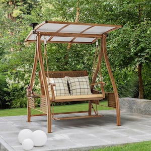 2-Seat Aluminum Frame Patio Swing Chair in Brown with Adjustable Canopy, Solar LED Light, Footrest and Cushions