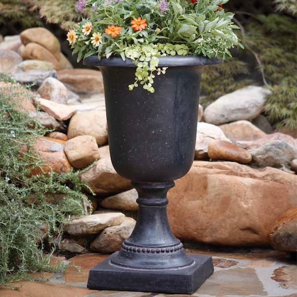 17-1/2 in. x 29 in. Cast Stone Fiberglass Italian Urn in Aged Charcoal