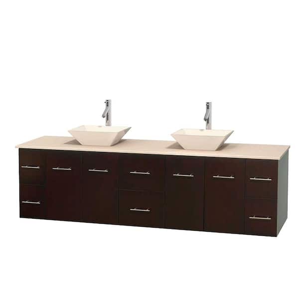 Wyndham Collection Centra 80 in. Double Vanity in Espresso with Marble Vanity Top in Ivory and Bone Porcelain Sinks