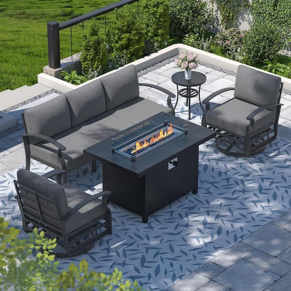Halmuz 5-Seat Aluminum Patio Conversation Set with armrest, Firepit Table, Swivel Rocking Chairs and Grey Cushions