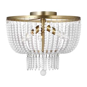 Jackie 14 in. 3-Light Satin Brass Semi-Flush Mount with White Glass Beads