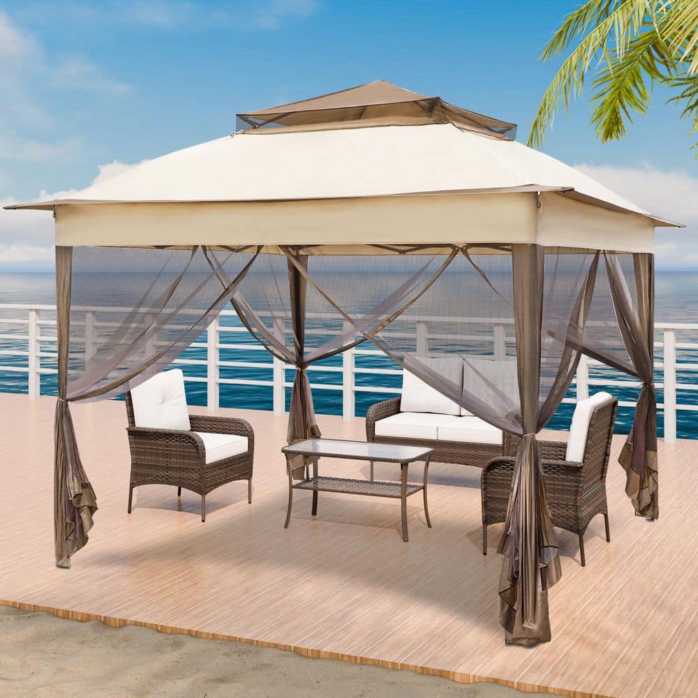 COOS BAY 11 ft. x 11 ft. Patio Portable Gazebo Pop-Up Canopy Gazebo with Netting 121-BGE - The Home Depot