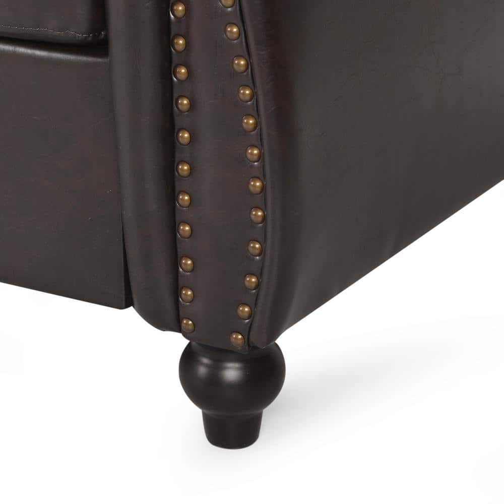 Elegant Brown Faux Leather Chesterfield Sofa with Nailhead Accents