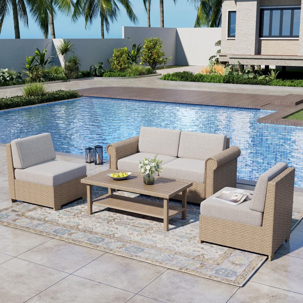 5-Piece Wicker Outdoor Patio Conversation Set with a Coffee Table and Beige Cushions price history on PriceWatchPro