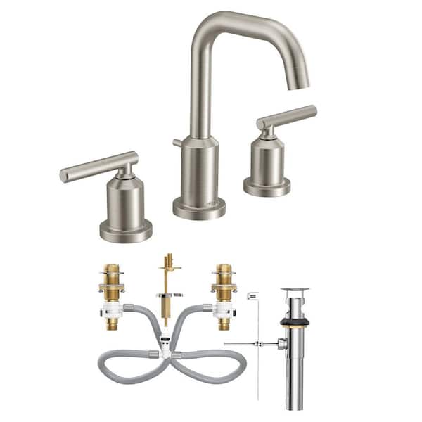 Gibson Brushed Nickel Modern 2-Handle High-Arc Widespread Bathroom Faucet with Drain Assembly, (Valve Included)
