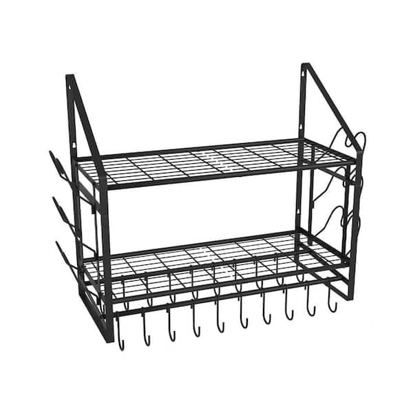 Black Heavy Duty Steel Wall Mounted 2 Tier Pot Rack Organizer 20 Hooks 6 Lid Holders Kitchen Cookware Storage