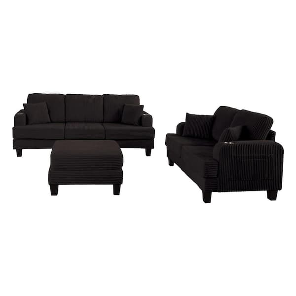 84 in. Square Arm Fabric Lawson Sectional Sofa with Cup Holders, USB Ports and Storage Ottoman in Black