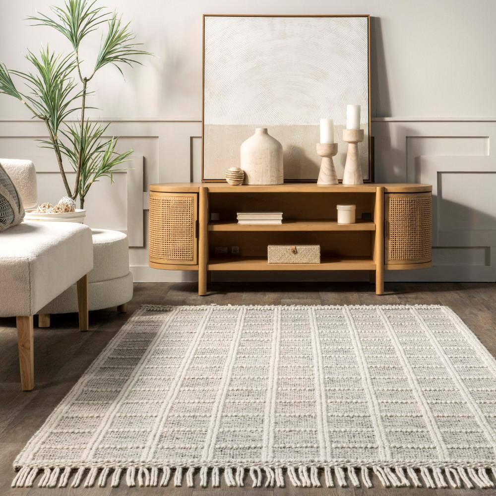 Ivory and Gray Striped Wool Blend 4' x 6' Area Rug