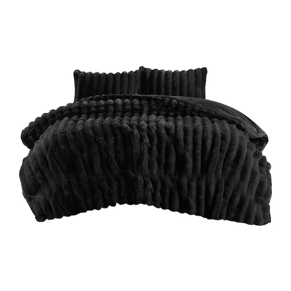 Madison Park Dahlia Polyester Black Faux Fur Full/Queen Comforter