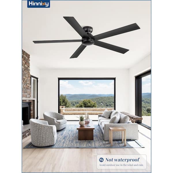 60 in. Indoor/Outdoor Black Quiet 6-Speed Standard Flush Mount Ceiling Fan no Lights with Remote Control for Living Room