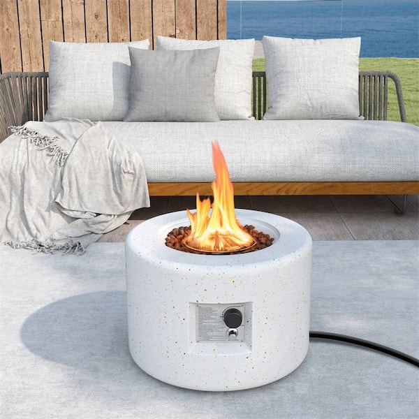 Costway White 25.5 in. Round Terrazzo Propane Gas Fire Pit with Stainless Steel Burner and Lava Rocks