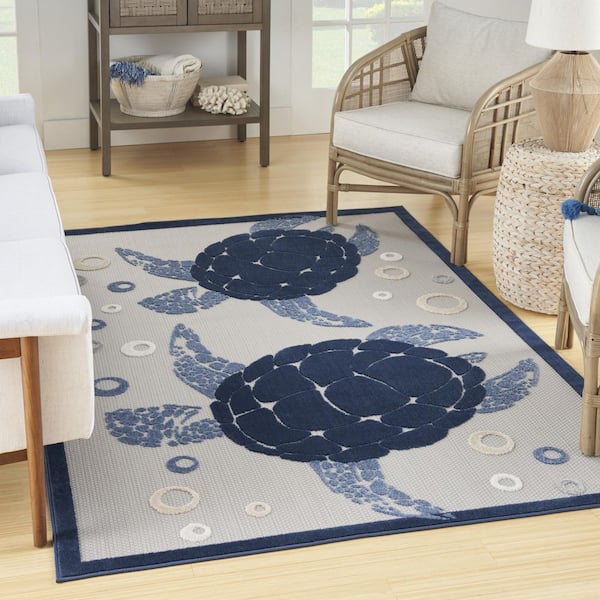 Aloha Navy Blue 6 ft. x 9 ft. Tropical Contemporary Indoor/Outdoor Patio Rug