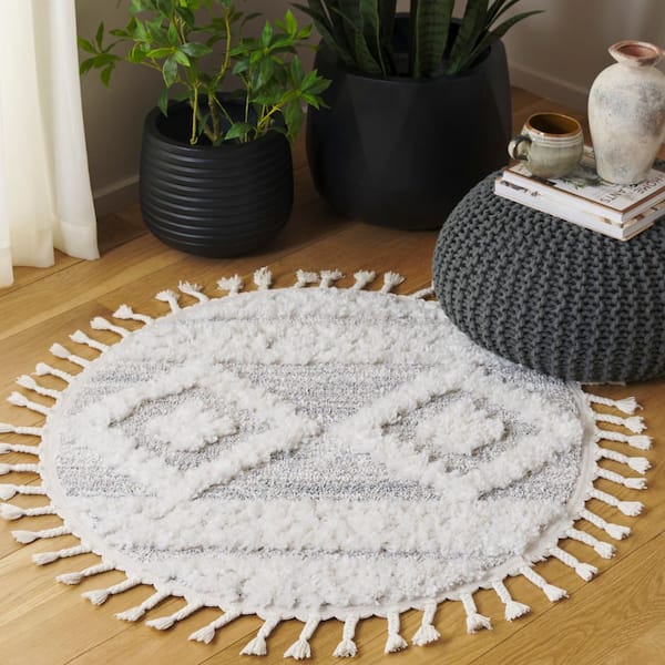 Moroccan Tassel Shag 3 ft. x 3 ft. Ivory/Beige Geometric Fringe Round Area Rug