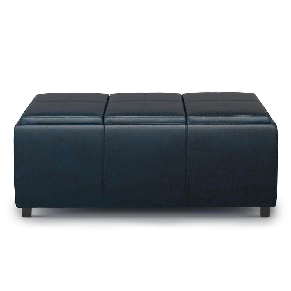 Avalon Distressed Dark Blue Faux Leather Storage Ottoman with Trays