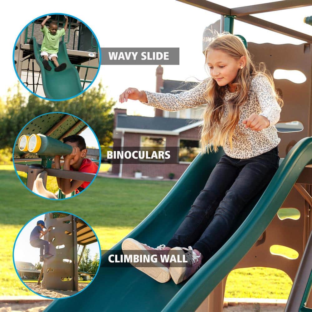Lifetime Green and Brown Metal Swing Set with Slide and Climbing Wall